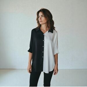 ODDI Black White Colorblock Button Down Small NWOT Pearl Buttons Satin Oversized